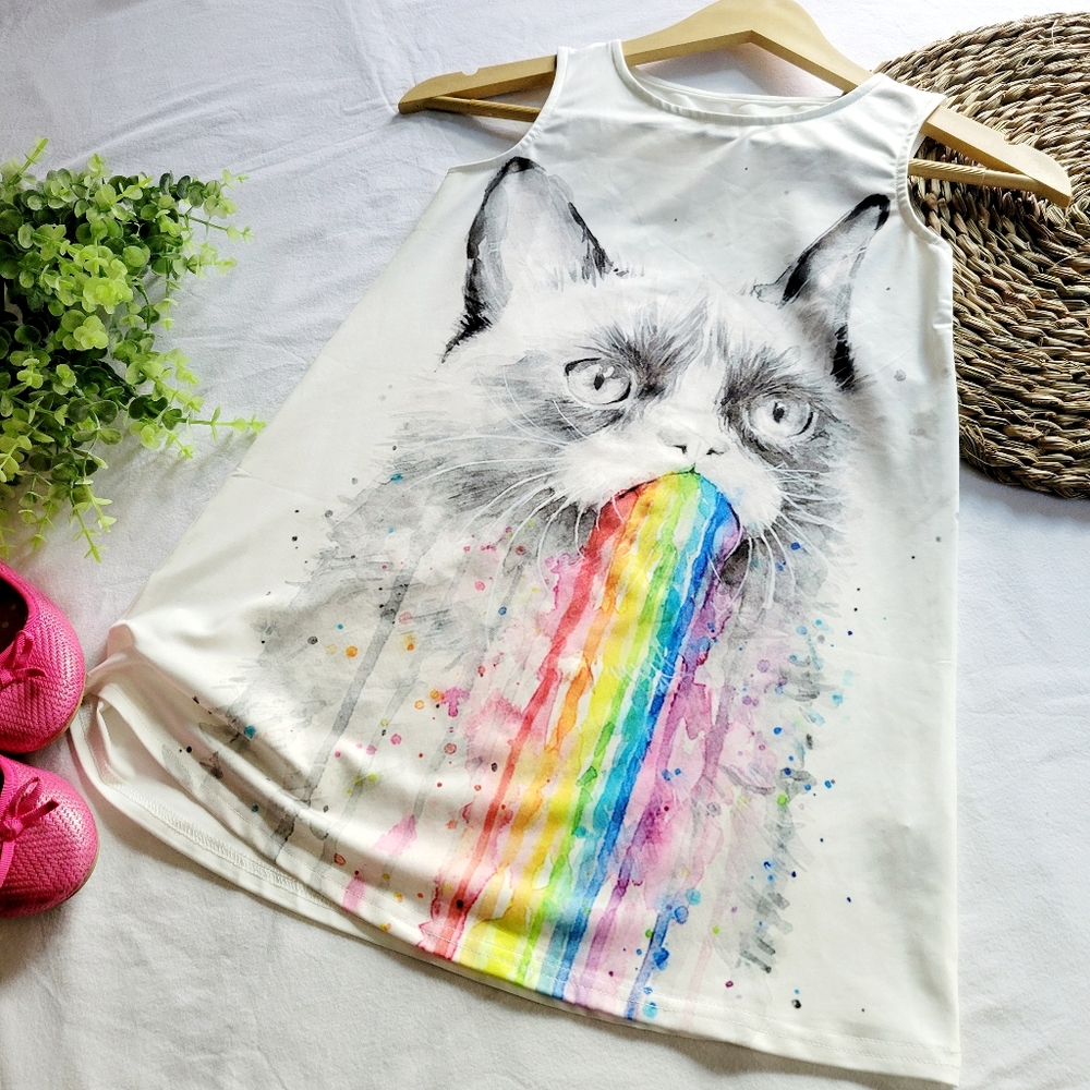 Meme Grumpy Cat Tastes The Rainbow Little Girls Sleeveless Slip Dress
